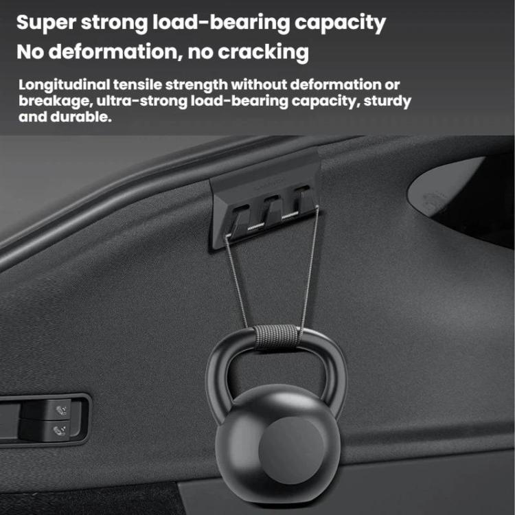 Black trunk hook mount with kettle-bell load on vehicle cargo panel