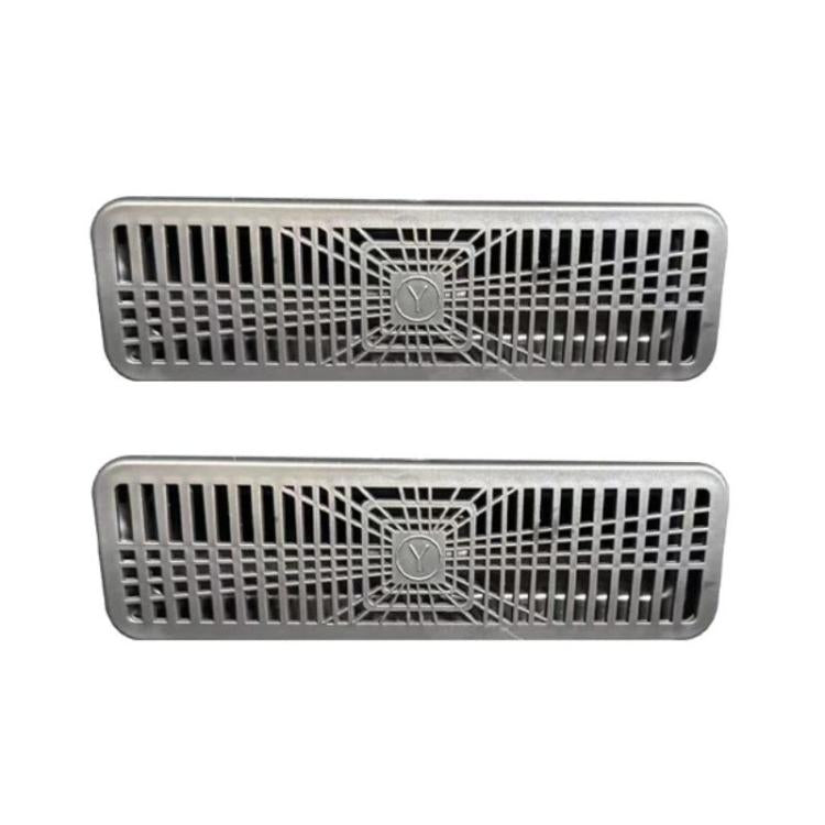 Car under-seat air vent protective cover set, two rectangular gray grille inserts