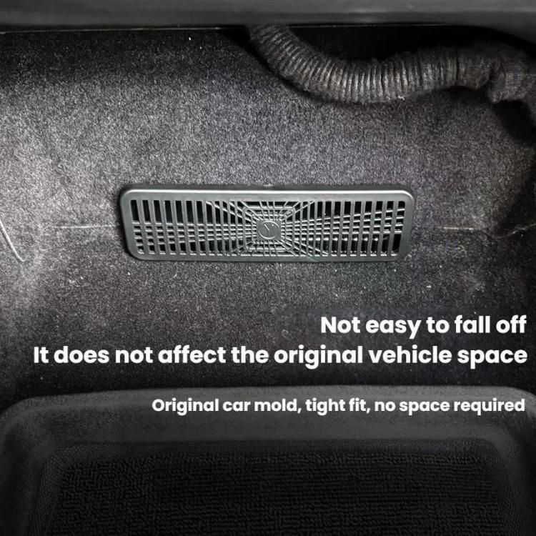 Installed under-seat air vent protective cover with rectangular grille and emblem
