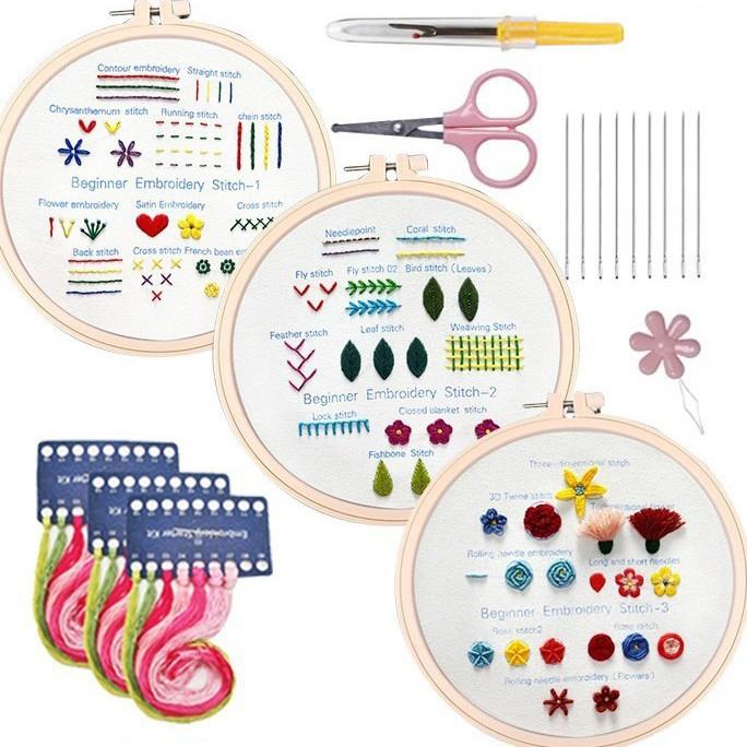 3-in-1 embroidery starter kit with two fabric hoops, needles, scissors, and thread skeins