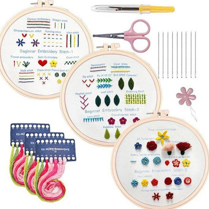 3-in-1 embroidery starter kit with two fabric hoops, needles, scissors, and thread skeins