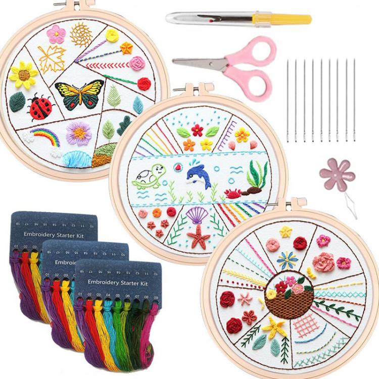 3-in-1 embroidery starter kit featuring three embroidery hoops, scissors, needles, and thread