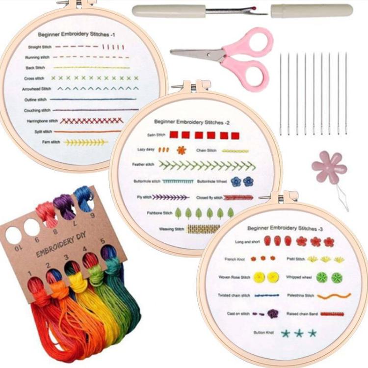 3-in-1 embroidery starter kit with three stitched pattern hoops, scissors, needles, and floss