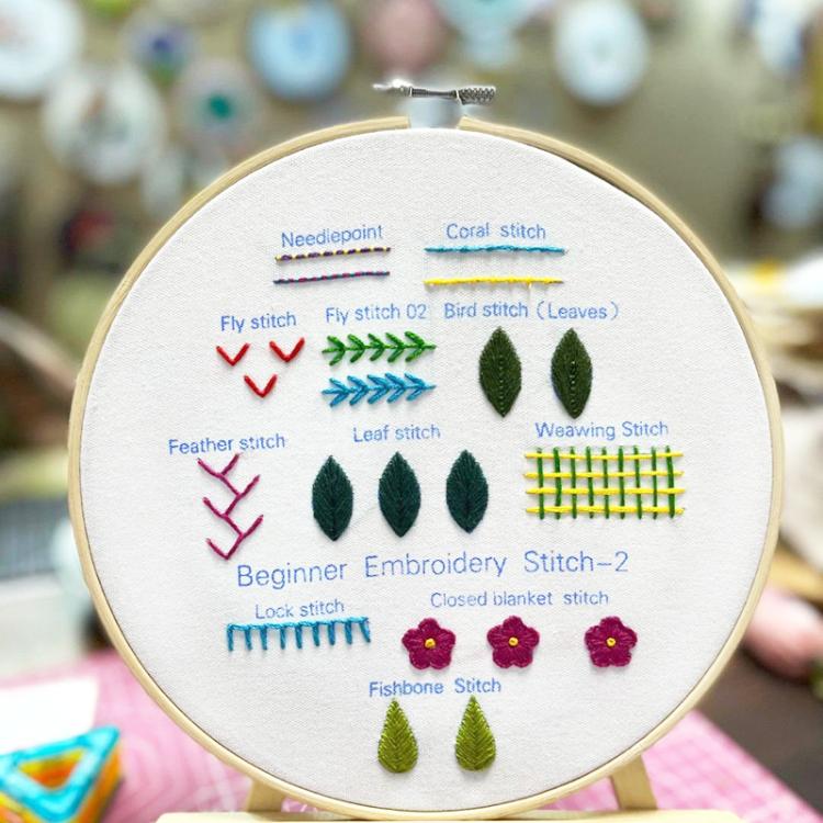 Embroidery hoop sampler showing beginner stitches with thread colors and leaf motifs