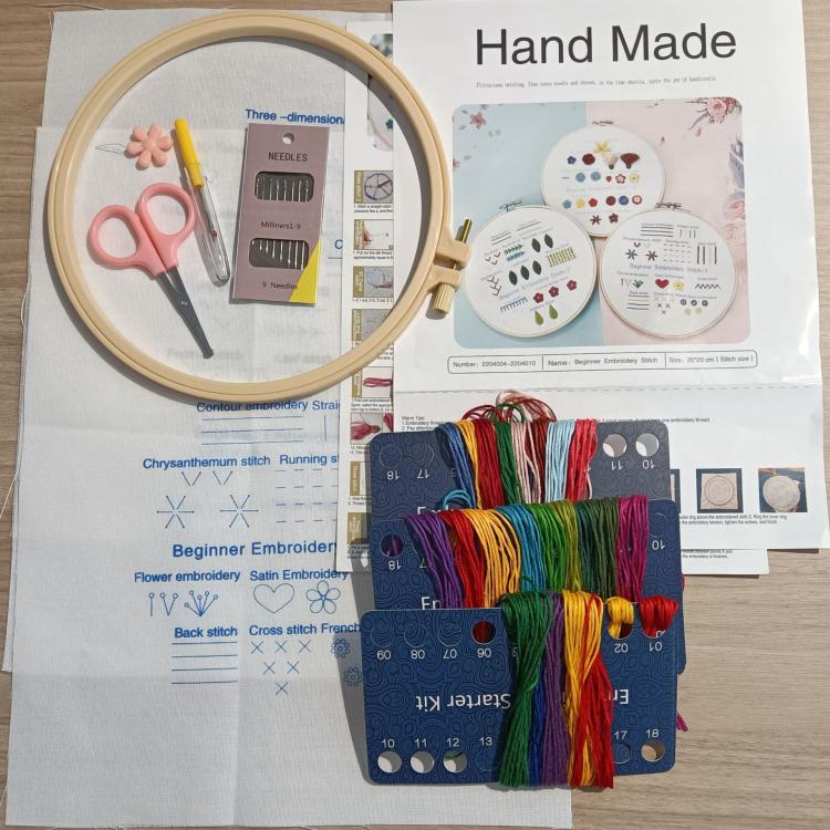 3-in-1 embroidery starter kit with embroidery hoop, instruction cards, and multi-color thread skeins