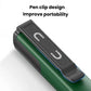 Green flashlight with black pen-clip attachment for easy portability
