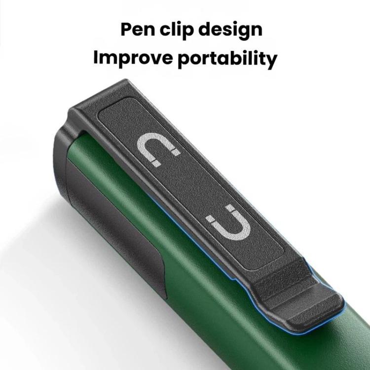 Green flashlight with black pen-clip attachment for easy portability