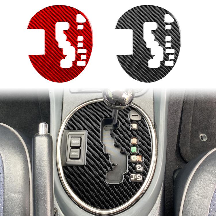 Carbon fiber gear shift panel sticker, black round insert with cutout and gear icon