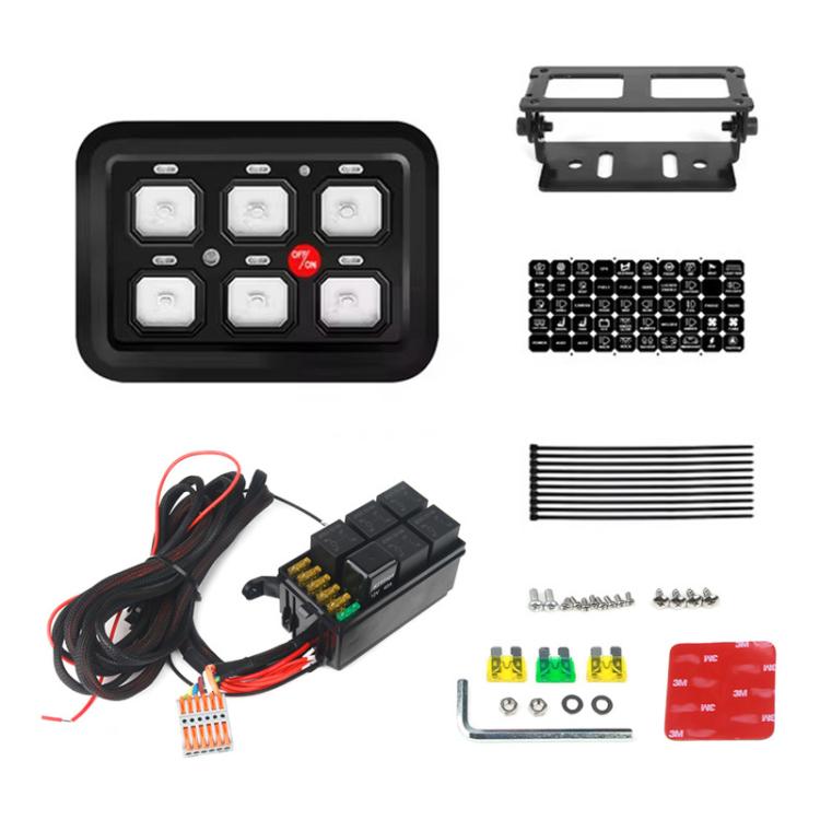 Black spotlight control switch panel with six hex push buttons and red indicator light