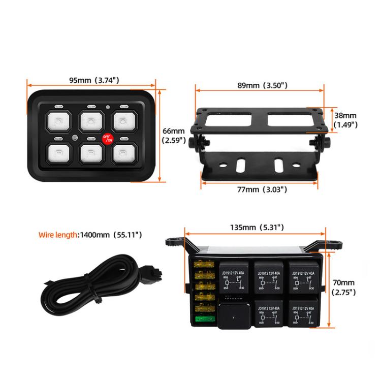 Black spotlight control switch panel with mounting bracket and wiring, shown with dimensions