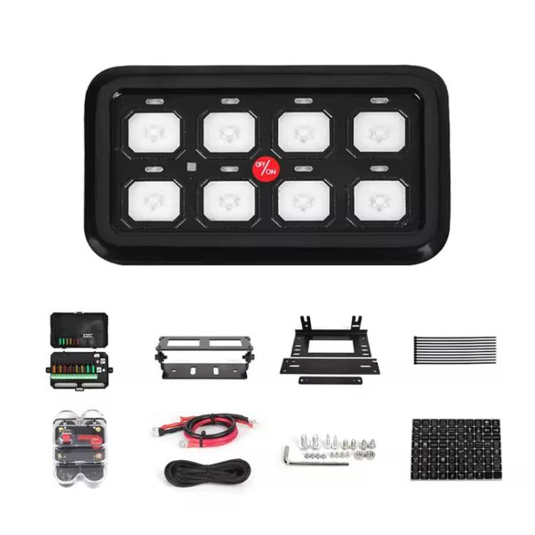 Black spotlight control switch panel with eight hex push buttons and red power symbol