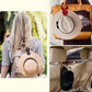 Leather magnetic hat clip securing a round hat on a bag and in a car