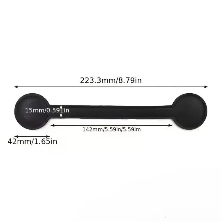 Black leather magnetic hat clip, elongated strap with round ends; dimensions shown
