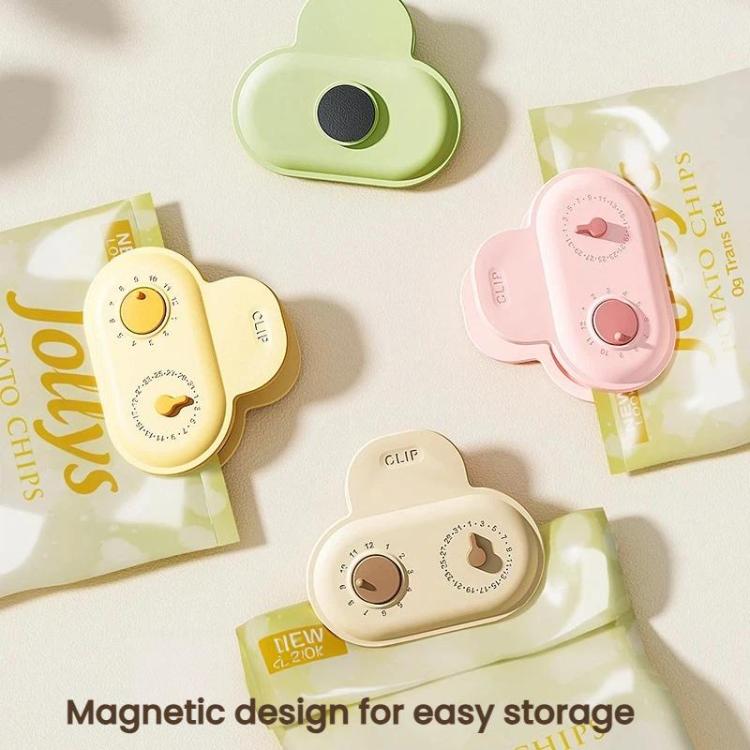 Assorted pastel magnetic sealing clips with date-ring dials for refrigerator storage