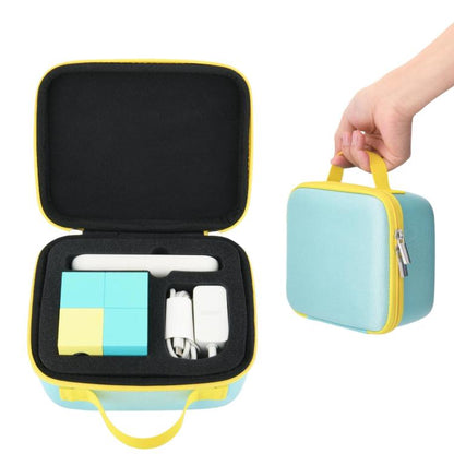 Hard EVA carrying case with light blue shell, yellow trim, black interior foam, open lid