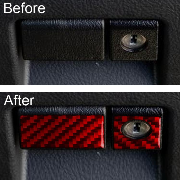 Red carbon-fiber glove box sticker set installed over latch area