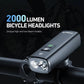 Rechargeable bike headlight mounted on handlebar with dual light lens front view