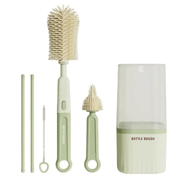 Green bottle and cup cleaning brush set with straight handle and bristle heads