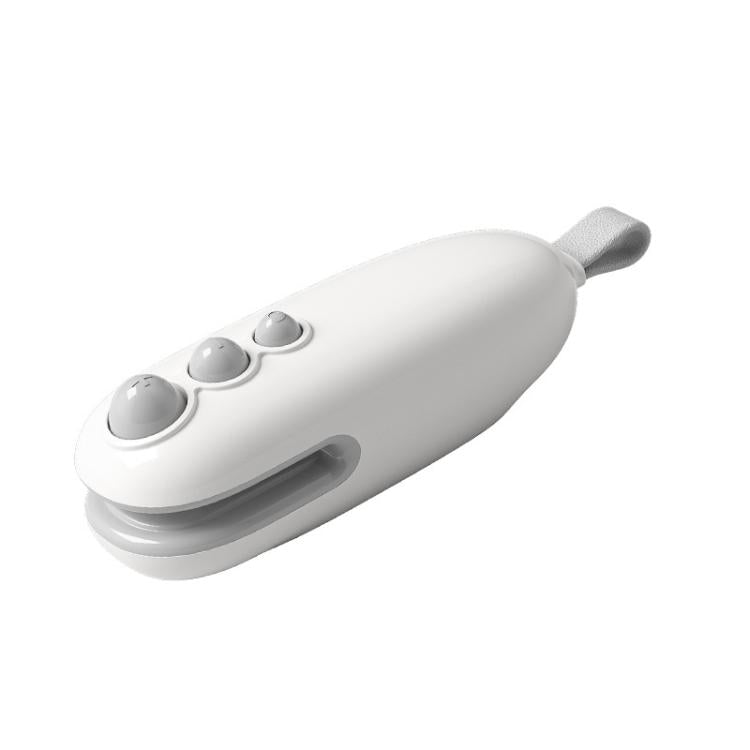Rechargeable mini bag sealer, white handheld device with sealing controls and handle.
