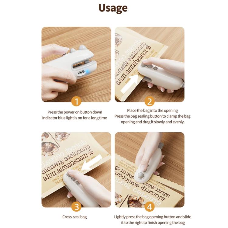 Mini bag sealer in use steps, pressing down and sliding to seal and open bags.