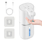 Wall-mounted electric soap dispenser, white body with foam nozzle dispensing clear soap