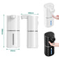 Electric soap dispenser size view, white and black models with wall-mount accessories