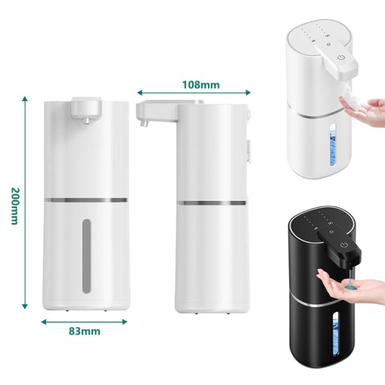 Electric soap dispenser size view, white and black models with wall-mount accessories