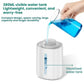 White electric soap dispenser with visible water tank and stream from pump nozzle