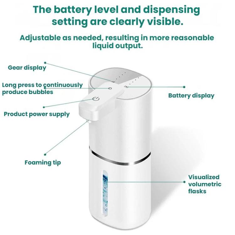 White electric soap dispenser top view with control buttons and foam tip