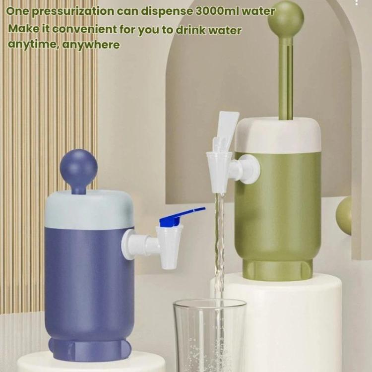 Green portable water pressurizer with faucet spout pouring water into a cup