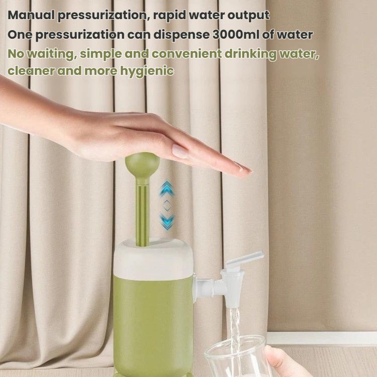Green portable water pressurizer being pressed, with water flowing into a cup