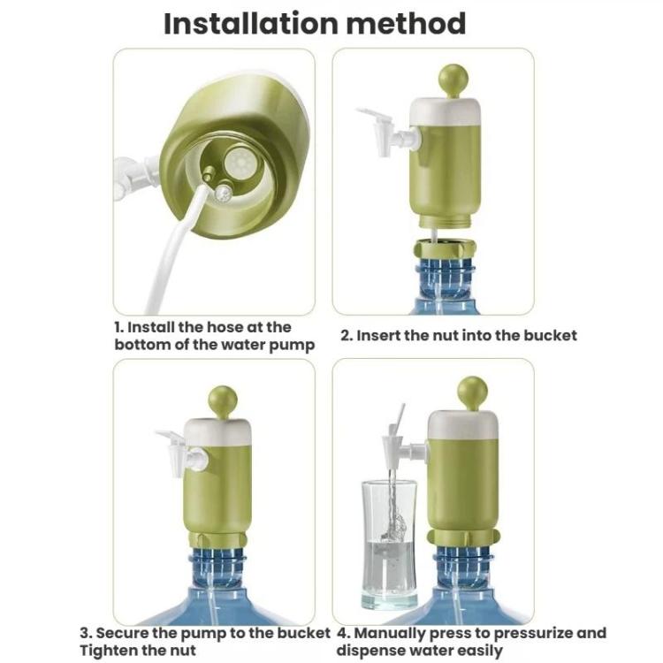 Portable water dispenser pump kit with green barrel, hose, and white faucet valve