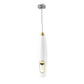 White wireless handheld milk frother with stainless whisk attachment and power button.