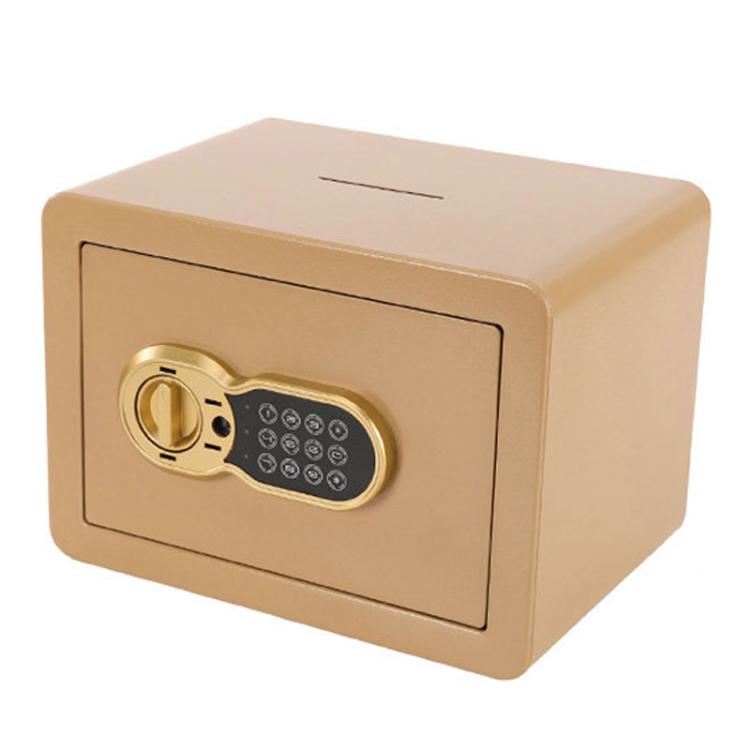 Gold all-steel concealed wall safe with key lock and numeric keypad panel.