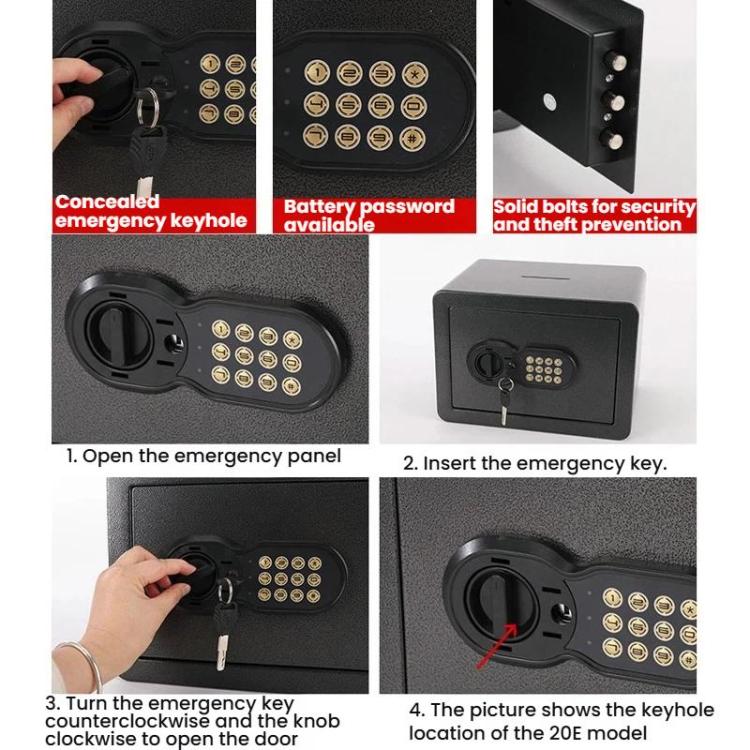 Concealed wall safe emergency key access and keypad panel with bolt security view.