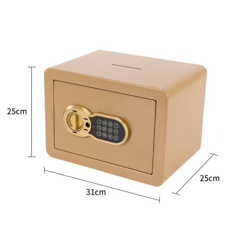 Gold concealed wall safe with key lock and keypad, shown with 31cm by 25cm size.