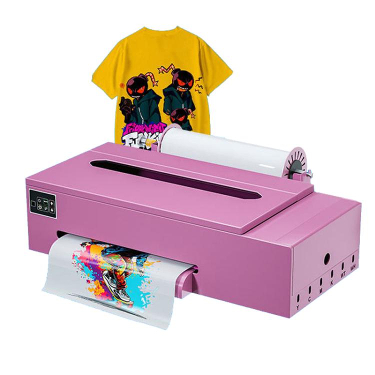 Compact DTF roll-fed printer in purple with open printing window and white film output.