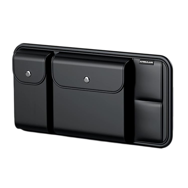 Black car sun visor organizer with fold-down storage compartments and card slots