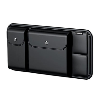Black car sun visor organizer with fold-down storage compartments and card slots