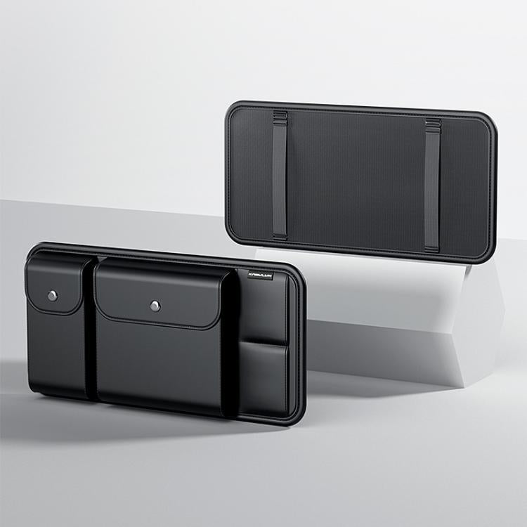 Black car sun visor storage holder with hinged front panel and two side pockets