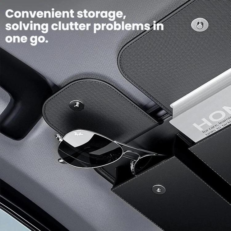 Car sun visor organizer with sunglasses-style eyewear slot and front storage panel