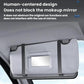 Car sun visor organizer with open mirror cutout and two fabric storage panels