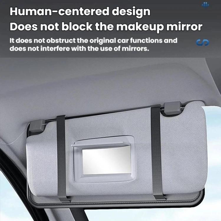 Car sun visor organizer with open mirror cutout and two fabric storage panels