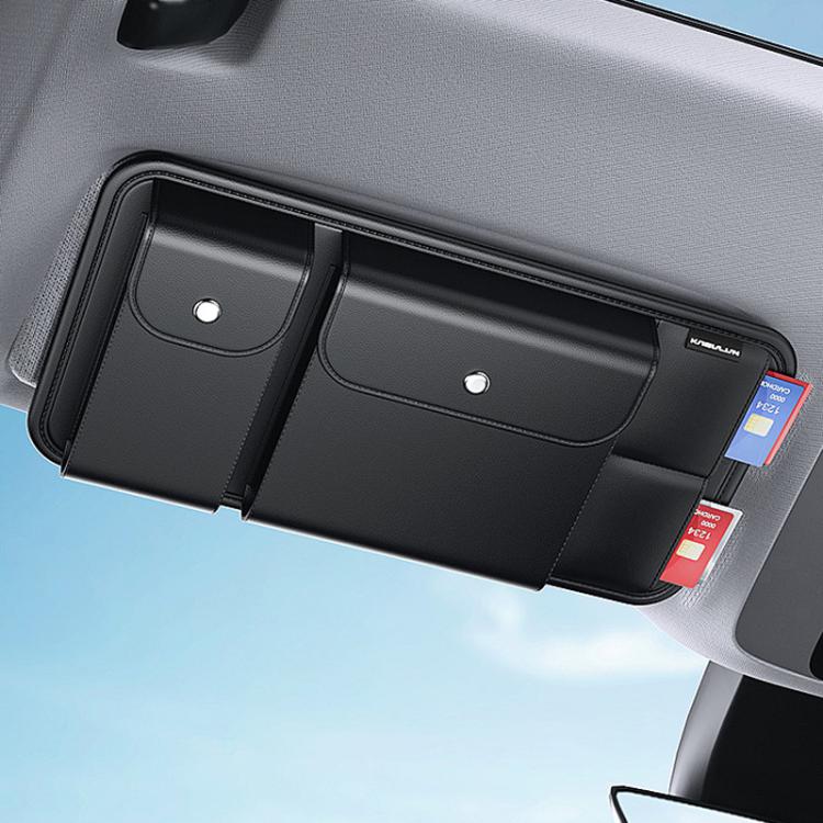 Black car sun visor storage holder mounted on dashboard with card-sized document slot