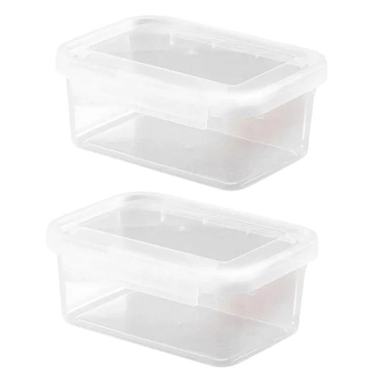 Two clear rectangular airtight food storage containers with single-lock lids