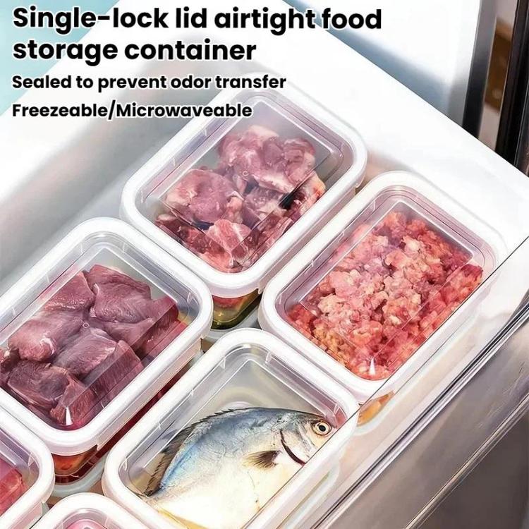 Clear airtight food storage containers with single-lock lids, holding meat and fish