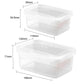 Dimension chart for two clear rectangular airtight food containers with single-lock lids