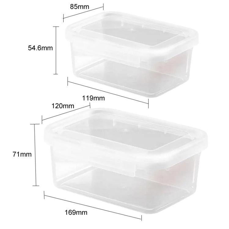 Dimension chart for two clear rectangular airtight food containers with single-lock lids