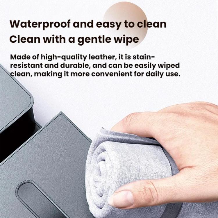 Car seat tissue box storage bag, wipe-clean surface with cloth shown