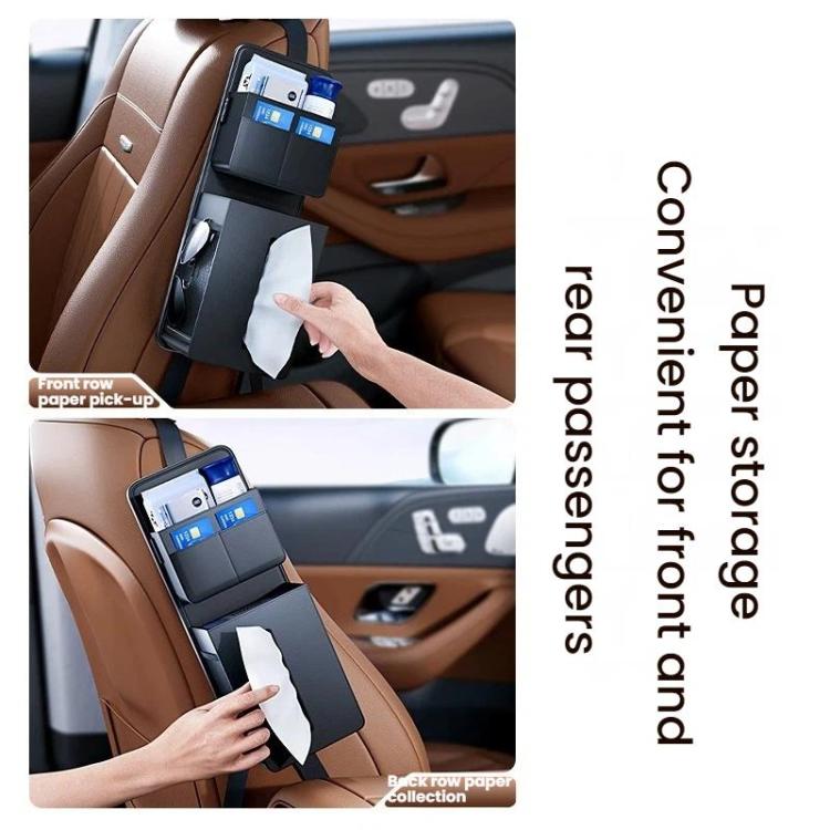 Car seat tissue box storage bag with snap-in lock and pull-out tissue access
